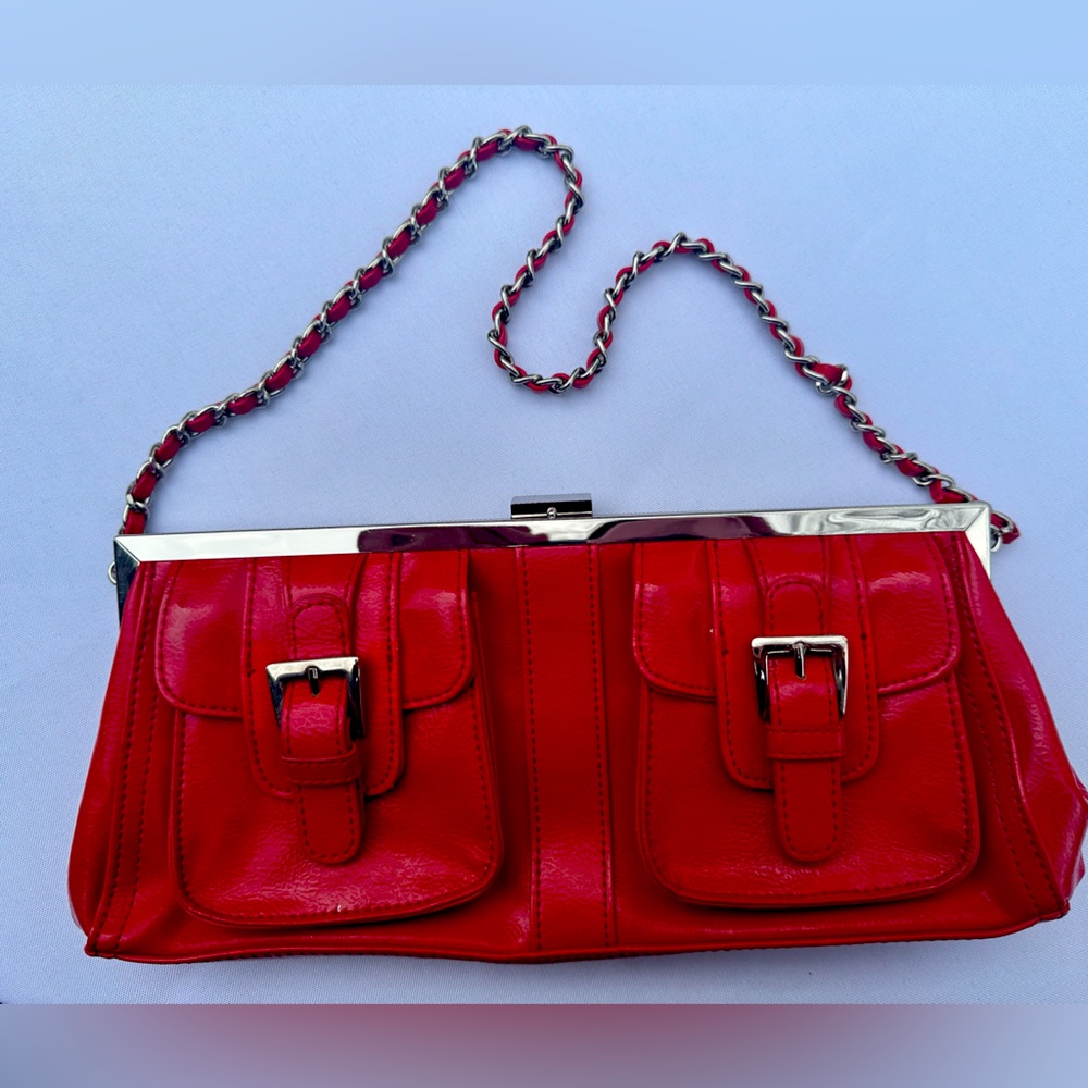 Bright Candy Apple Red Leather Purse w front pockets silver detail by Express